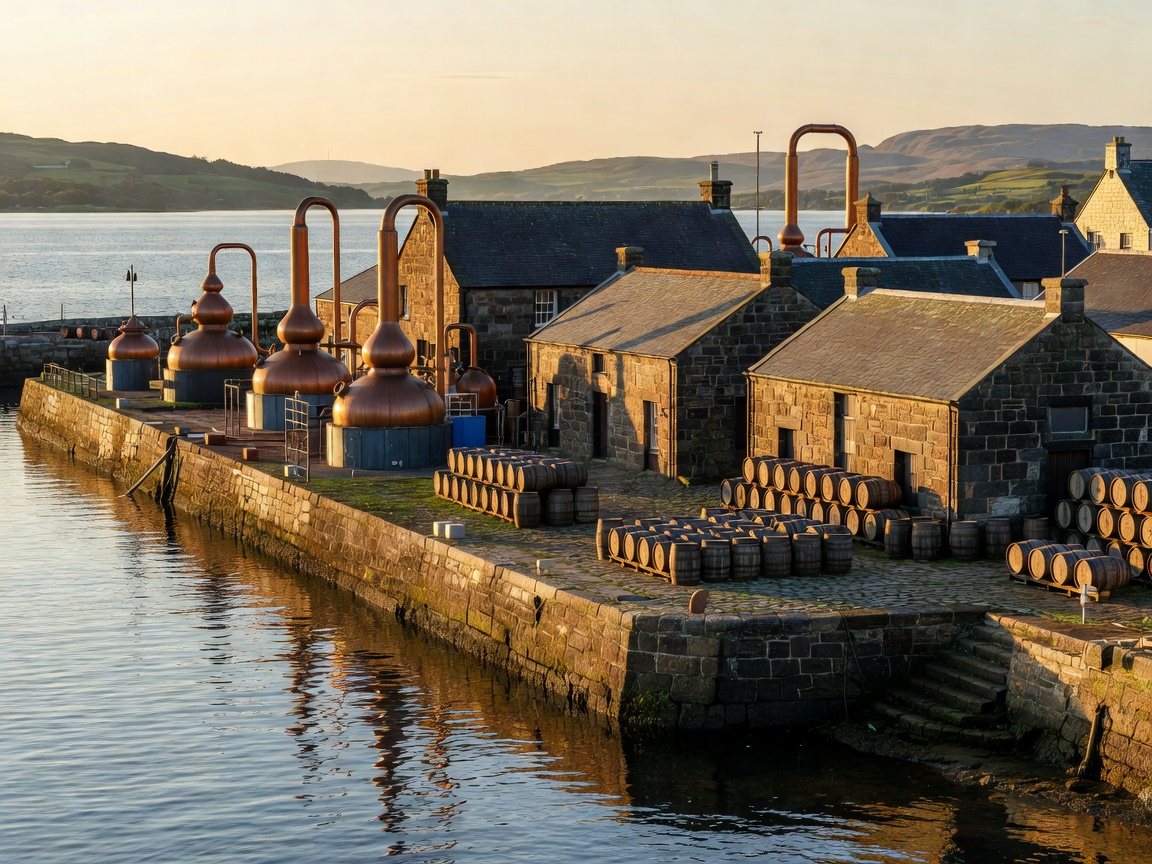 Campbeltown harbour with copper pot stills, dunnage warehouses and whisky casks