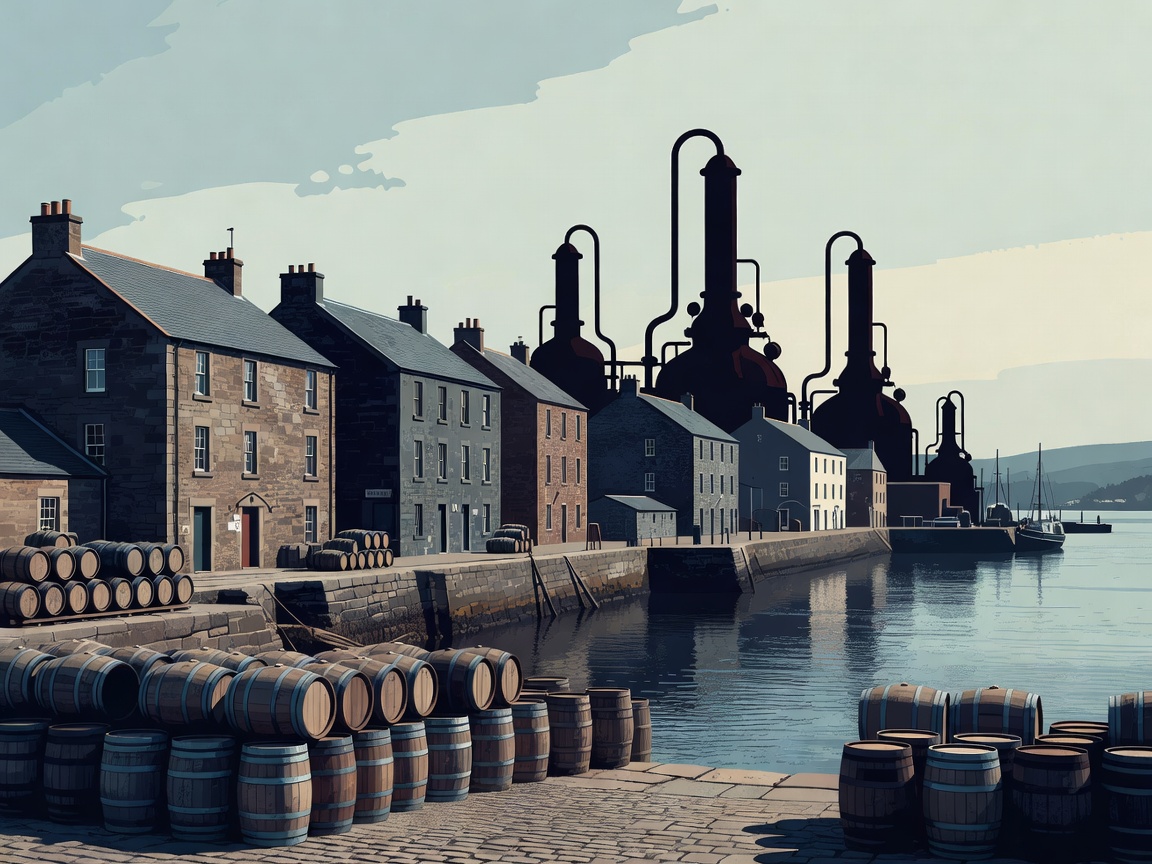 Poster-style Campbeltown harbour with warehouses, casks and copper still silhouettes