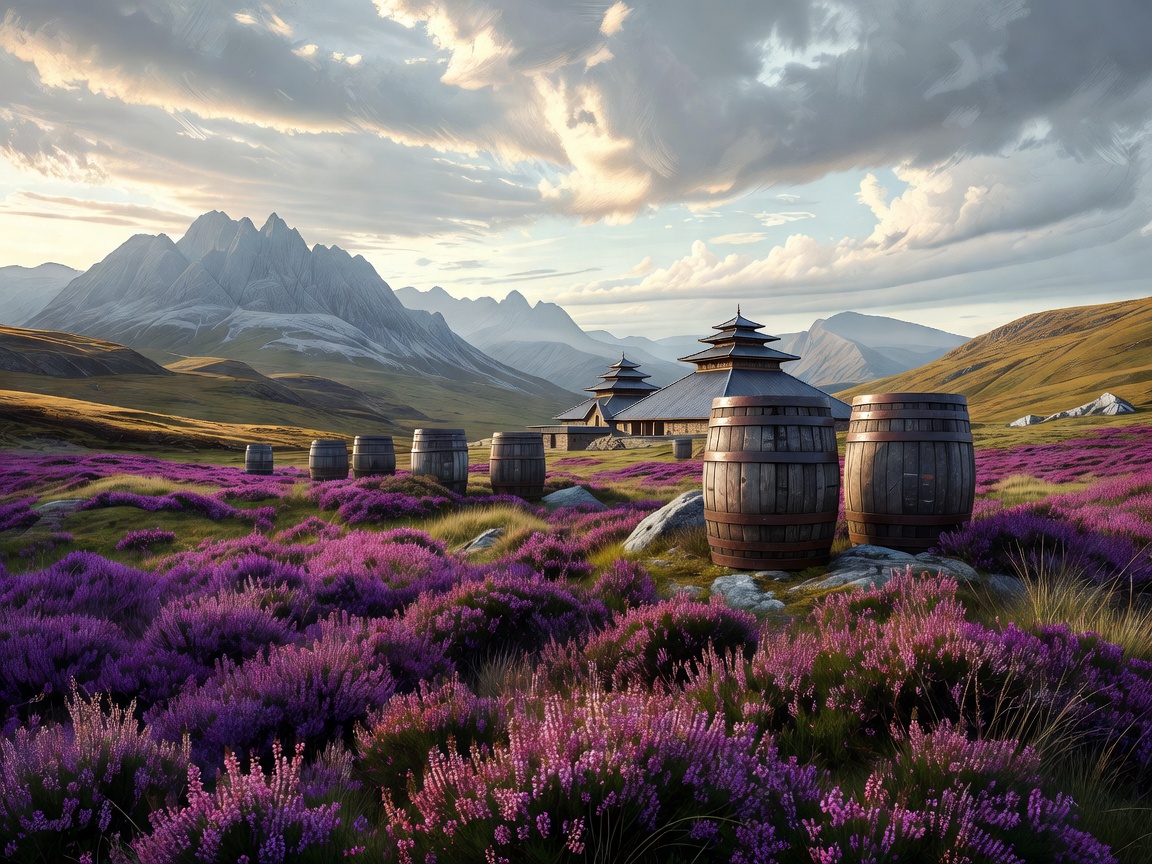 Poster-style Highland landscape with heather, mountains, casks and distillery roofs