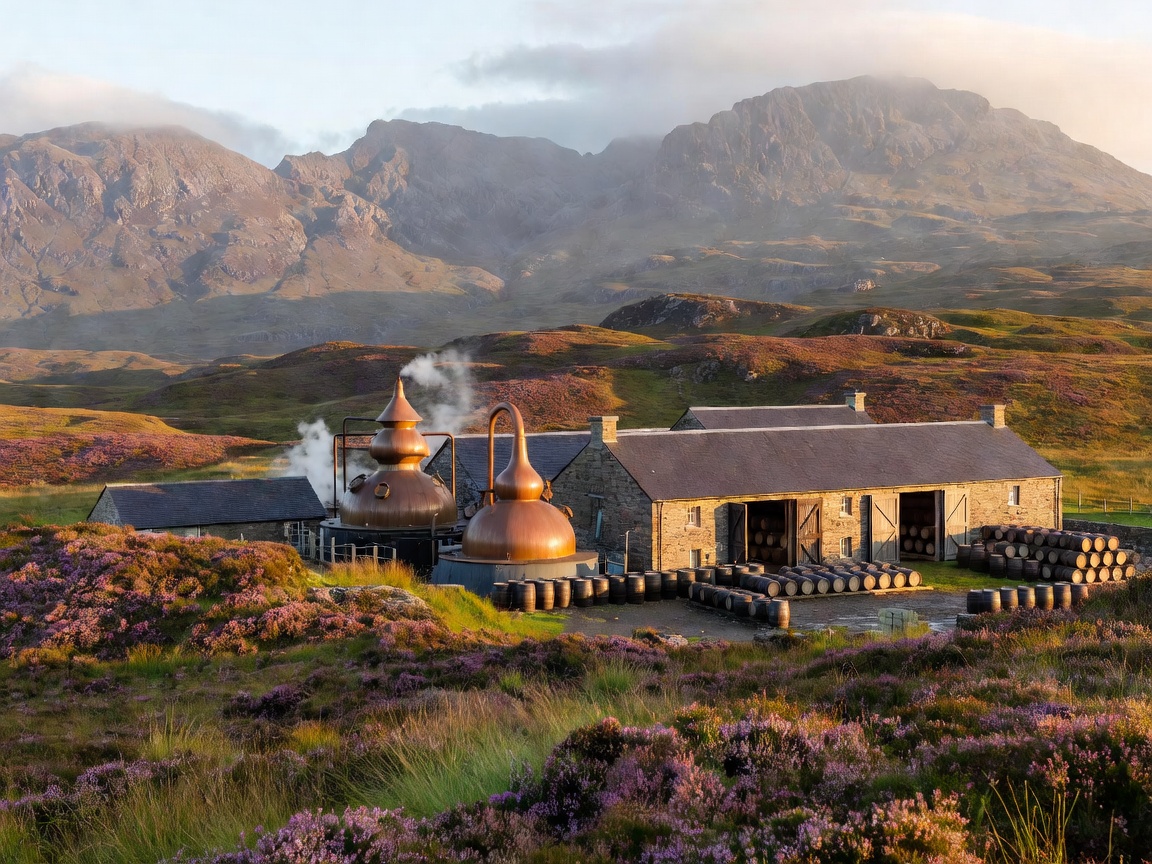 Highland whisky landscape with mountains, copper stills, heather and warehouse casks