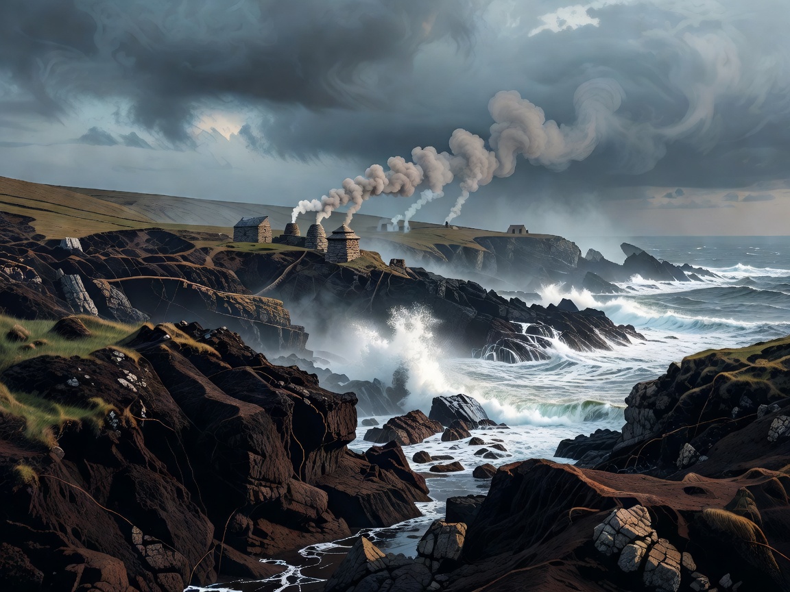 Poster-style Islay coastline with peat banks, sea spray and kiln smoke