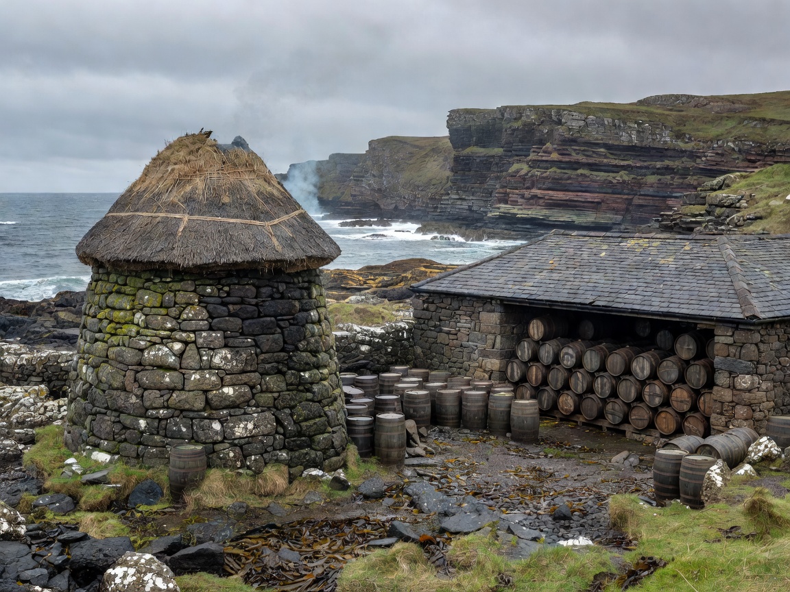 Islay peat kiln beside a rugged coast with oak casks in a warehouse