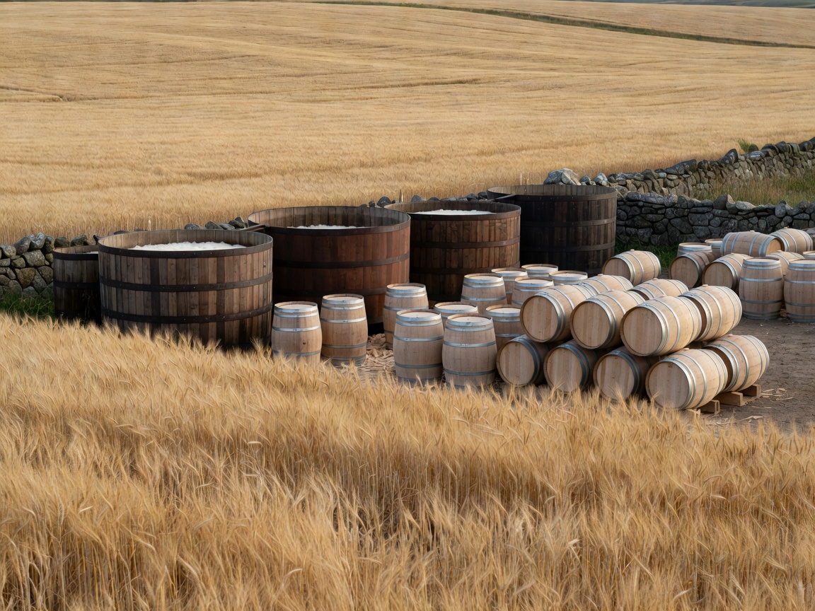 Lowland whisky scene with barley fields, wooden washbacks and pale oak casks