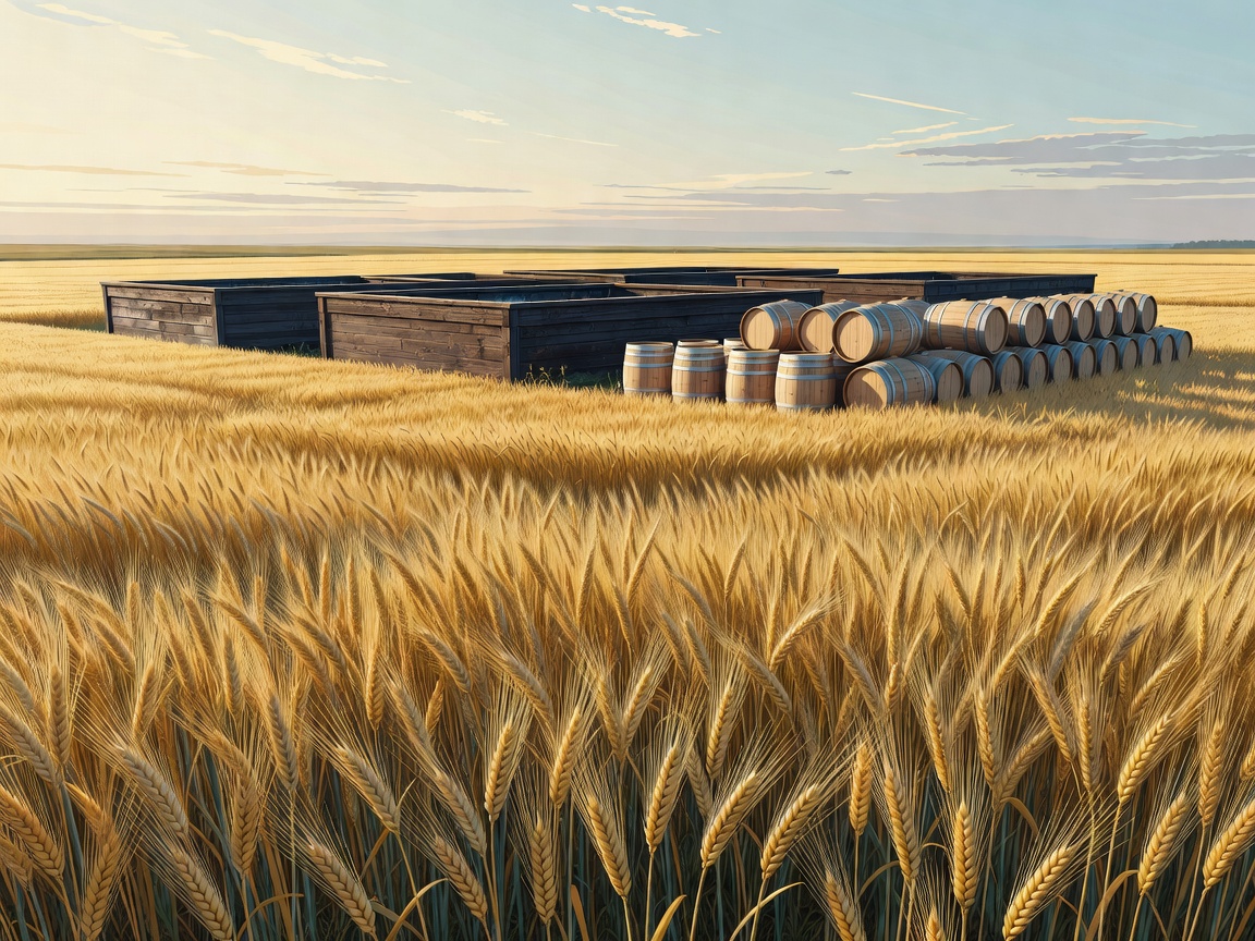 Poster-style Lowland field with barley, washbacks and pale oak casks