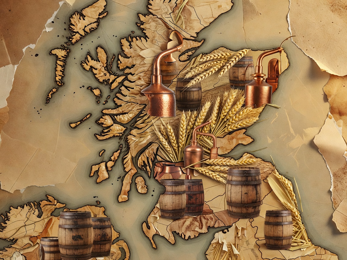 Collage map of Scotland with barley, copper stills and oak casks representing whisky regions
