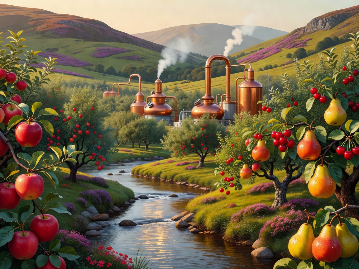 Poster-style Speyside scene with river, orchard fruit and copper stills