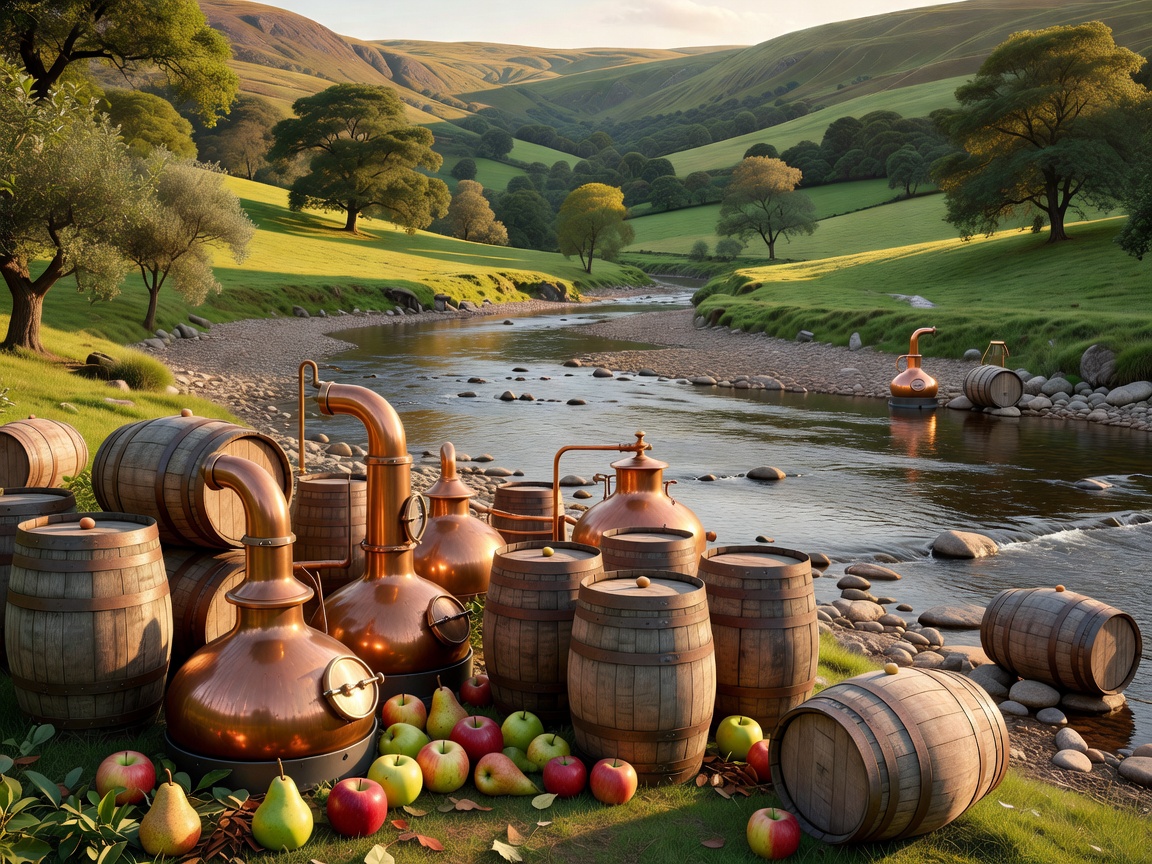 Speyside river valley with copper pot stills, orchard fruit and oak casks